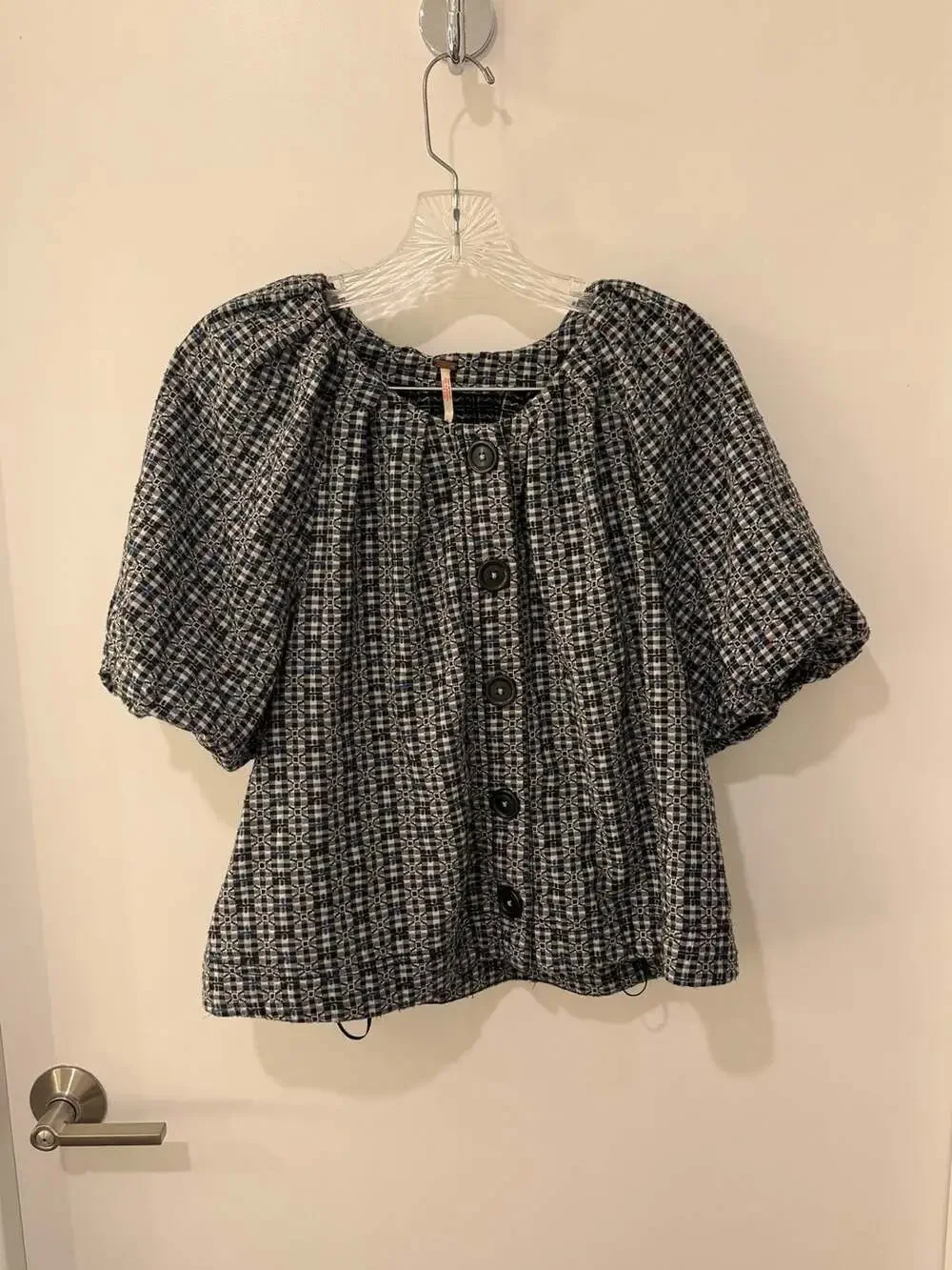 Free People Plaid Button-Down Puff Sleeve Top